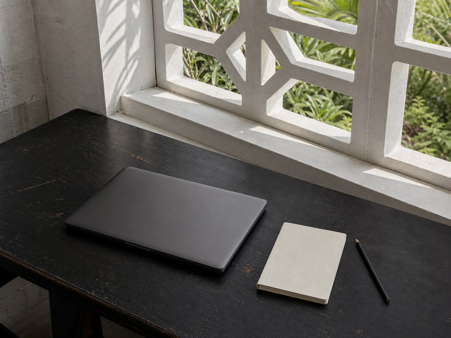 Closed laptop, blank notebook, and pencil beside a South Florida breeze-block window.
